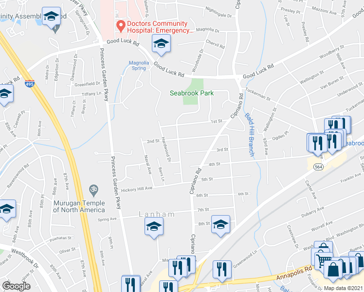 map of restaurants, bars, coffee shops, grocery stores, and more near 6225 Brightlea Drive in Lanham-Seabrook
