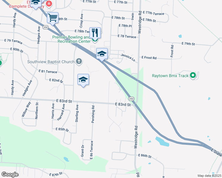 map of restaurants, bars, coffee shops, grocery stores, and more near 8206 Woodson Drive in Raytown