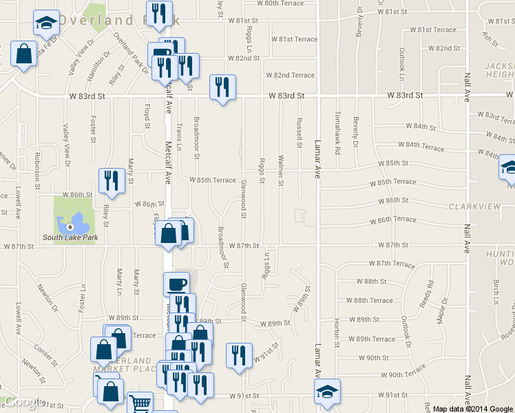 map of restaurants, bars, coffee shops, grocery stores, and more near 8600 Riggs Street in Overland Park