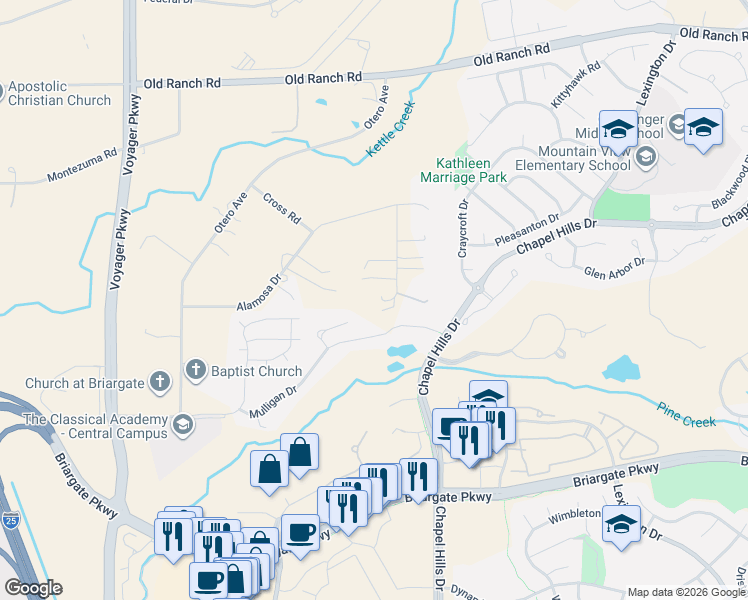 map of restaurants, bars, coffee shops, grocery stores, and more near 9760 Kit Carson Lane in Colorado Springs