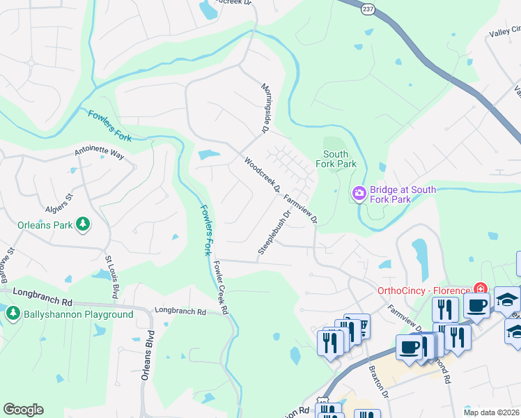 map of restaurants, bars, coffee shops, grocery stores, and more near 8476 Woodcreek Drive in Florence