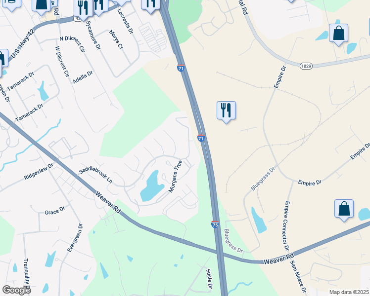 map of restaurants, bars, coffee shops, grocery stores, and more near 148 Saddlebrook Lane in Florence