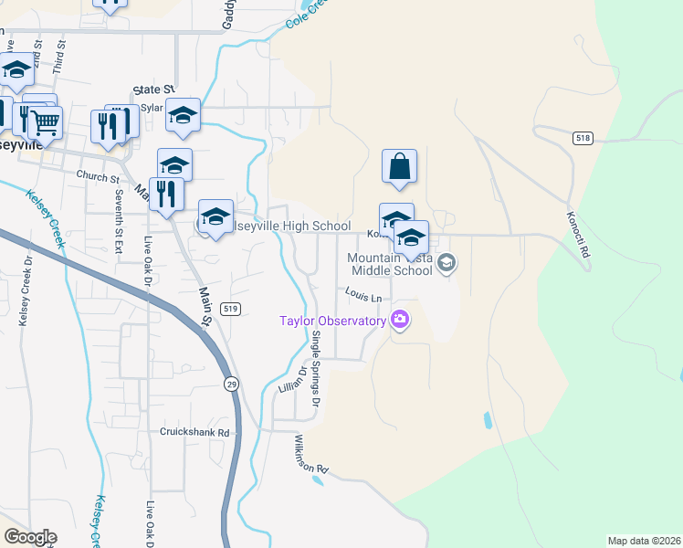 map of restaurants, bars, coffee shops, grocery stores, and more near 5572 Konocti Terrace Drive in Kelseyville