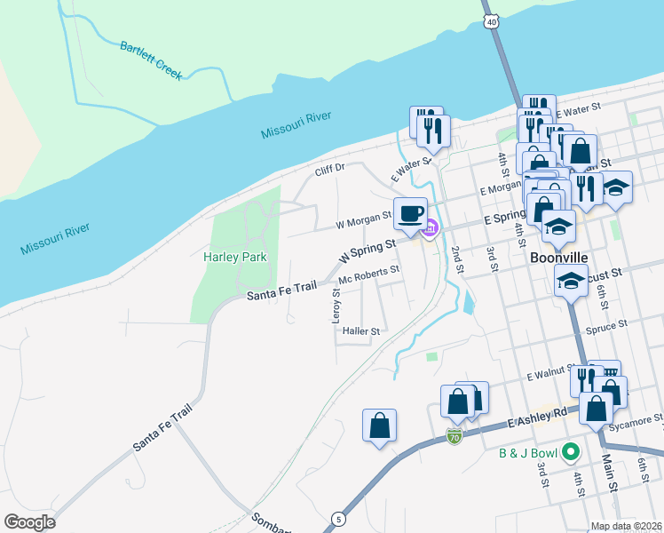 map of restaurants, bars, coffee shops, grocery stores, and more near 313 Mc Roberts Street in Boonville