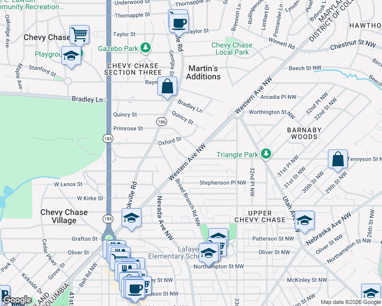 map of restaurants, bars, coffee shops, grocery stores, and more near 6318 Western Avenue Northwest in Chevy Chase