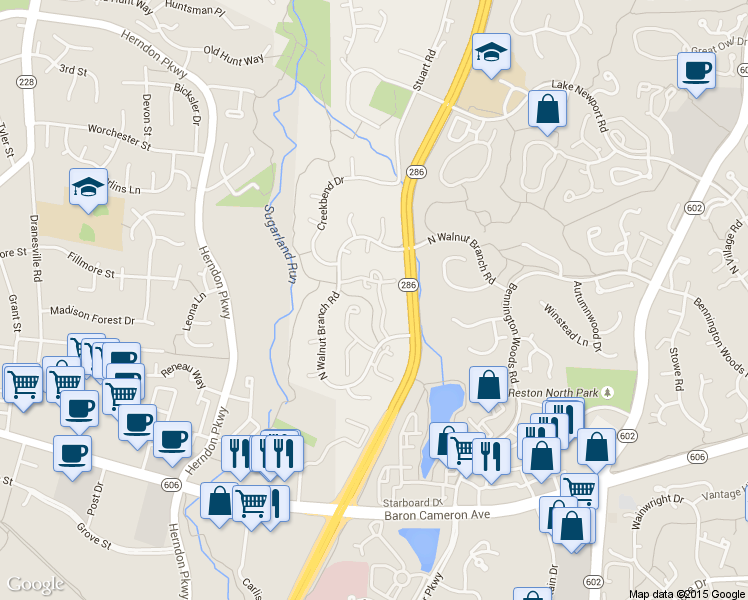 map of restaurants, bars, coffee shops, grocery stores, and more near 1614 Purple Sage Drive in Reston