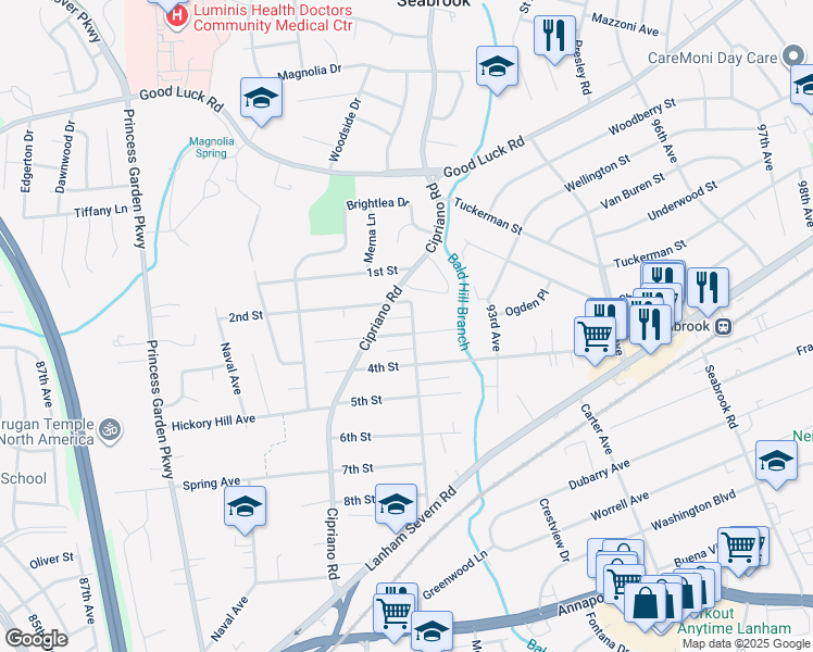 map of restaurants, bars, coffee shops, grocery stores, and more near 9112 3rd Street in Lanham