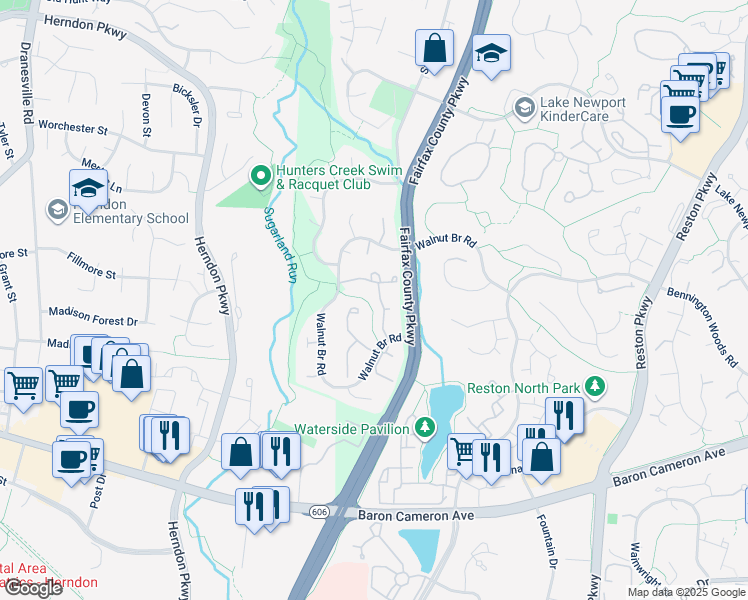 map of restaurants, bars, coffee shops, grocery stores, and more near 1614 Purple Sage Drive in Reston