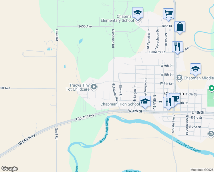 map of restaurants, bars, coffee shops, grocery stores, and more near 629 Nicholson Road in Chapman