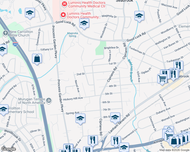 map of restaurants, bars, coffee shops, grocery stores, and more near 6225 Brightlea Drive in Lanham-Seabrook