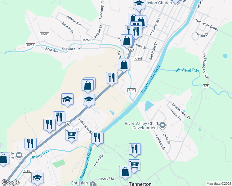 map of restaurants, bars, coffee shops, grocery stores, and more near 74 Orr Street in Buckhannon