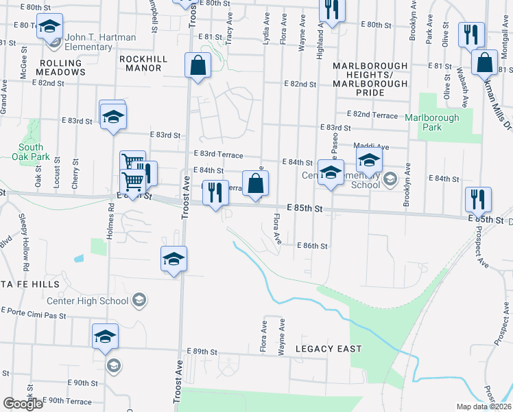 map of restaurants, bars, coffee shops, grocery stores, and more near 1399 East 85th Street in Kansas City