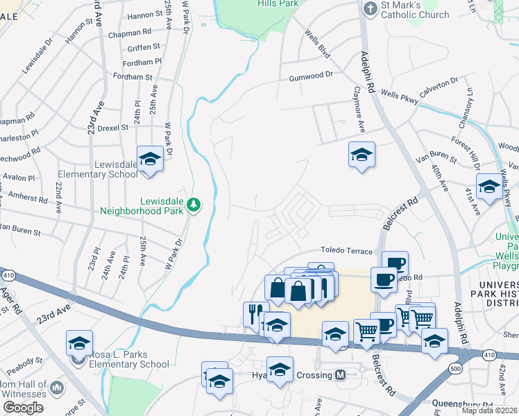 map of restaurants, bars, coffee shops, grocery stores, and more near 3400 Dean Dr in Chillum