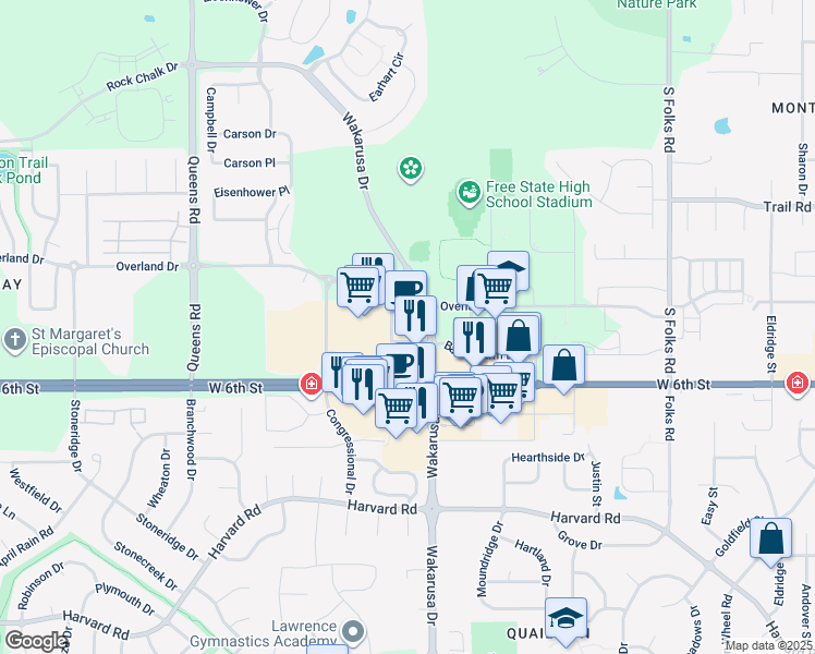 map of restaurants, bars, coffee shops, grocery stores, and more near 525 Wakarusa Drive in Lawrence