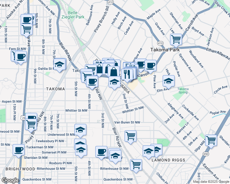 map of restaurants, bars, coffee shops, grocery stores, and more near 6923 Willow Street Northwest in Washington