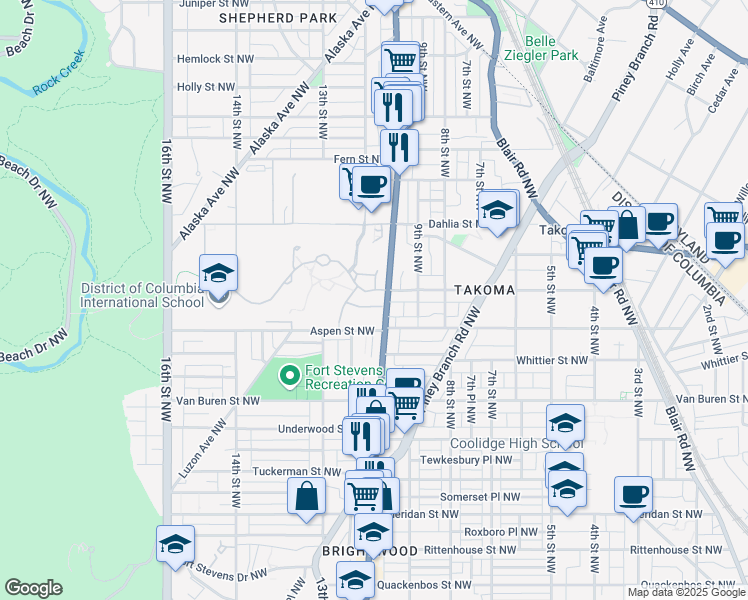 map of restaurants, bars, coffee shops, grocery stores, and more near 1004 Butternut Street Northwest in Washington