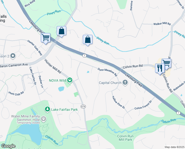 map of restaurants, bars, coffee shops, grocery stores, and more near 10505 Dunn Meadow Road in Vienna