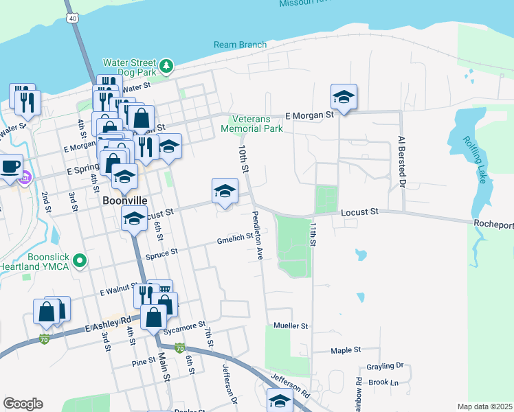 map of restaurants, bars, coffee shops, grocery stores, and more near 1002 Locust Street in Boonville