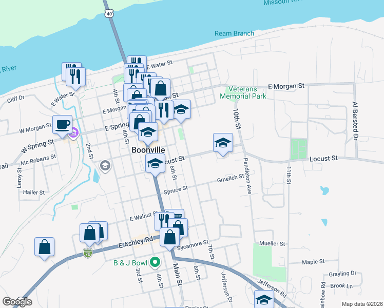 map of restaurants, bars, coffee shops, grocery stores, and more near 714 Locust Street in Boonville