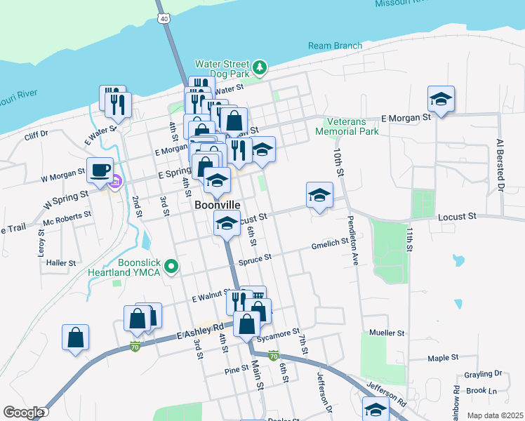 map of restaurants, bars, coffee shops, grocery stores, and more near 618 Locust Street in Boonville