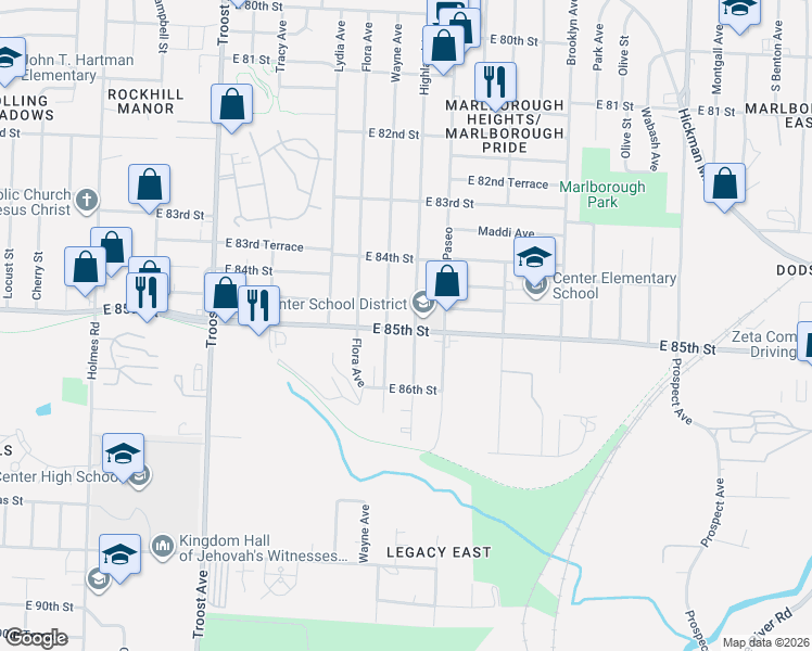 map of restaurants, bars, coffee shops, grocery stores, and more near 8504 Highland Avenue in Kansas City