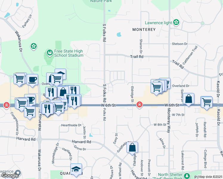 map of restaurants, bars, coffee shops, grocery stores, and more near Pasadena Drive in Lawrence