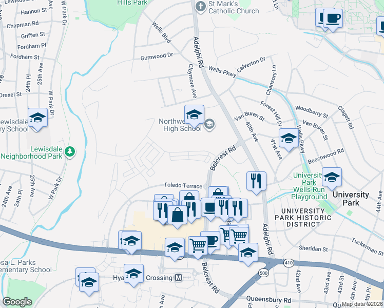 map of restaurants, bars, coffee shops, grocery stores, and more near 3555 Carnaby Street in Hyattsville
