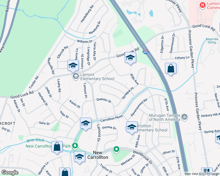 map of restaurants, bars, coffee shops, grocery stores, and more near 6439 Fairborn Terrace in New Carrollton