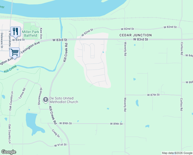 map of restaurants, bars, coffee shops, grocery stores, and more near 31385 West 85th Street in De Soto