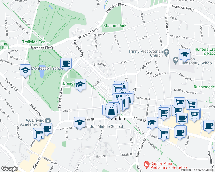 map of restaurants, bars, coffee shops, grocery stores, and more near 800 Branch Drive in Herndon