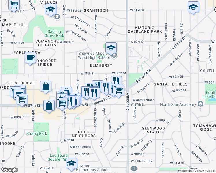 map of restaurants, bars, coffee shops, grocery stores, and more near 8543 Eby Avenue in Overland Park