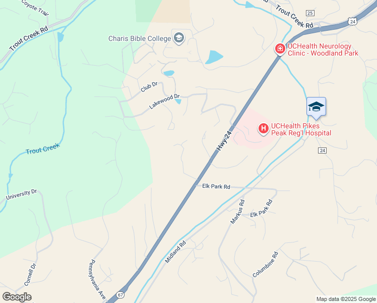 map of restaurants, bars, coffee shops, grocery stores, and more near 170 Stacey Lane in Woodland Park