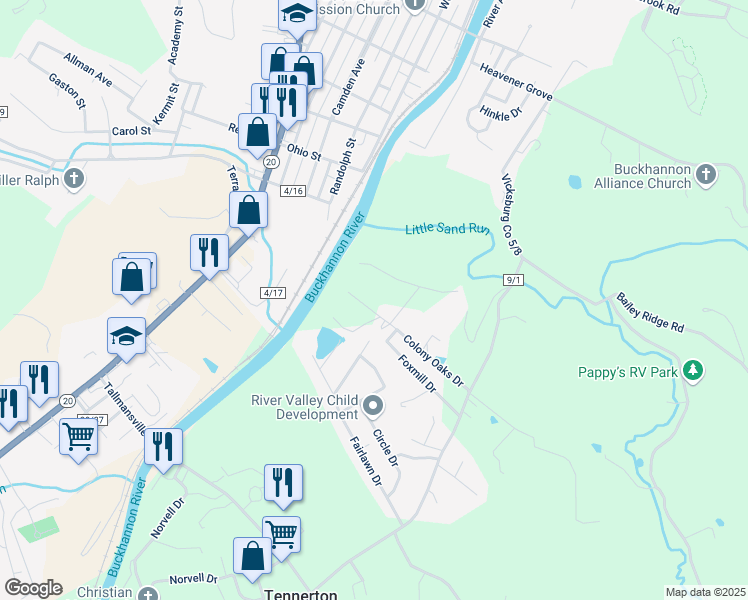 map of restaurants, bars, coffee shops, grocery stores, and more near 267 Colony Oaks Drive in Buckhannon