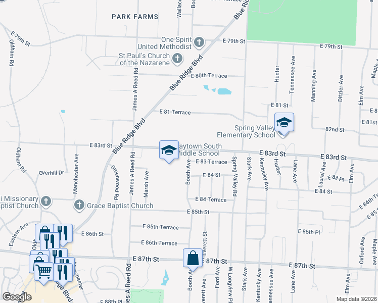 map of restaurants, bars, coffee shops, grocery stores, and more near 5403 Booth Avenue in Raytown