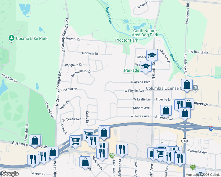 map of restaurants, bars, coffee shops, grocery stores, and more near 2000 Parkade Boulevard in Columbia