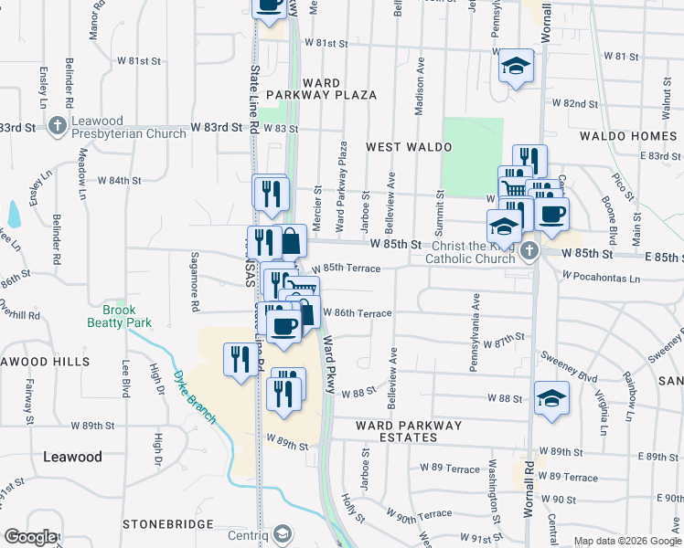 map of restaurants, bars, coffee shops, grocery stores, and more near 1202 West 86th Street in Kansas City