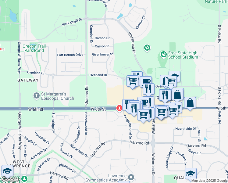 map of restaurants, bars, coffee shops, grocery stores, and more near 525 Congressional Drive in Lawrence