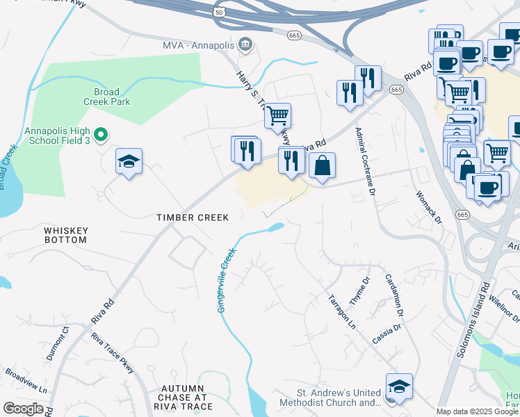 map of restaurants, bars, coffee shops, grocery stores, and more near 2684 Cabernet Lane in Annapolis