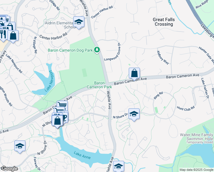 map of restaurants, bars, coffee shops, grocery stores, and more near 11300 Baron Cameron Avenue in Reston