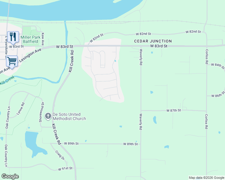 map of restaurants, bars, coffee shops, grocery stores, and more near 31385 West 85th Street in De Soto