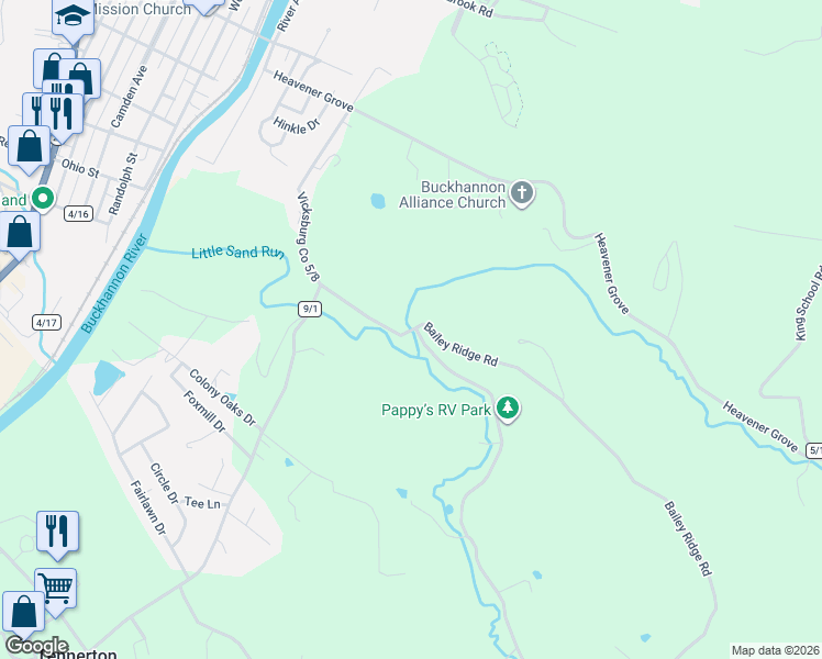 map of restaurants, bars, coffee shops, grocery stores, and more near 846 Little Sand Run Road in Buckhannon