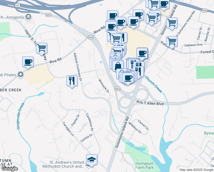 map of restaurants, bars, coffee shops, grocery stores, and more near 1 Womack Drive in Annapolis