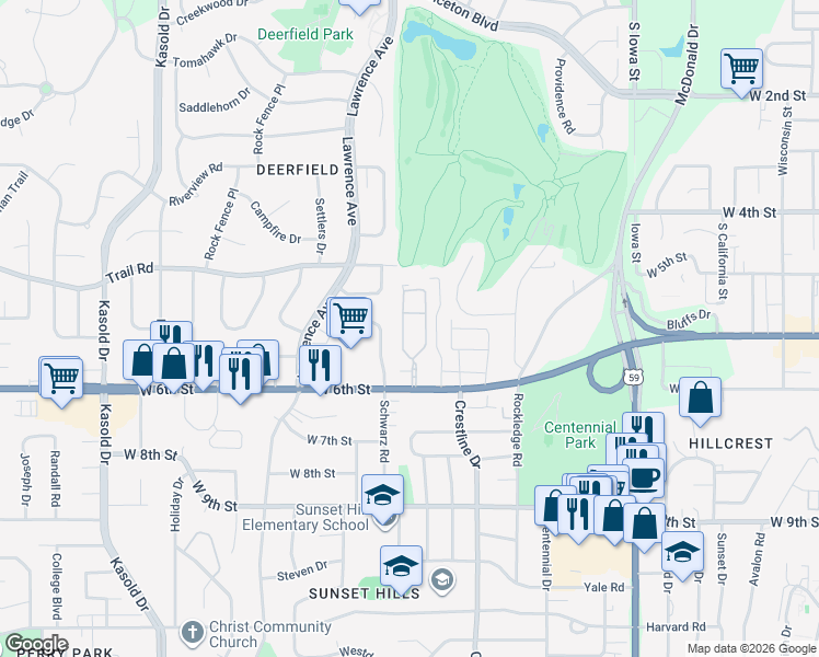 map of restaurants, bars, coffee shops, grocery stores, and more near 2600 West 6th Street in Lawrence
