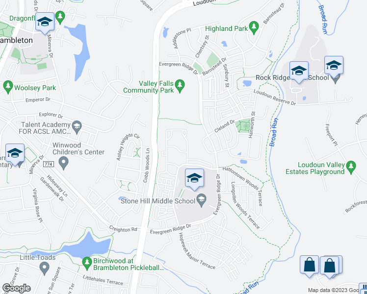 map of restaurants, bars, coffee shops, grocery stores, and more near 23271 Southdown Manor Terrace in Ashburn