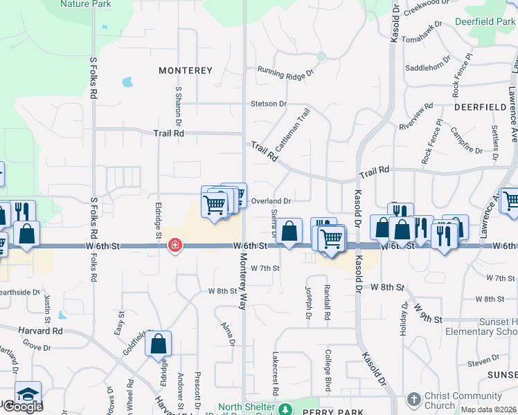 map of restaurants, bars, coffee shops, grocery stores, and more near 3812 Westland Place in Lawrence
