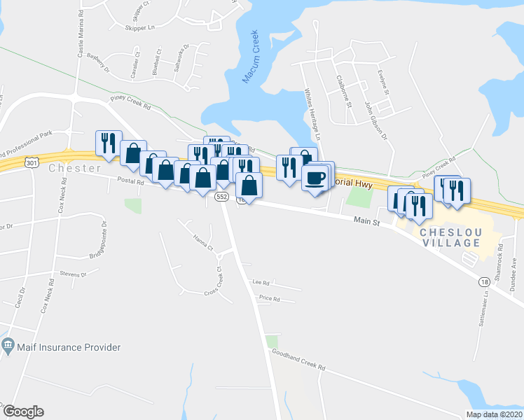 map of restaurants, bars, coffee shops, grocery stores, and more near 1814 Main St in Chester