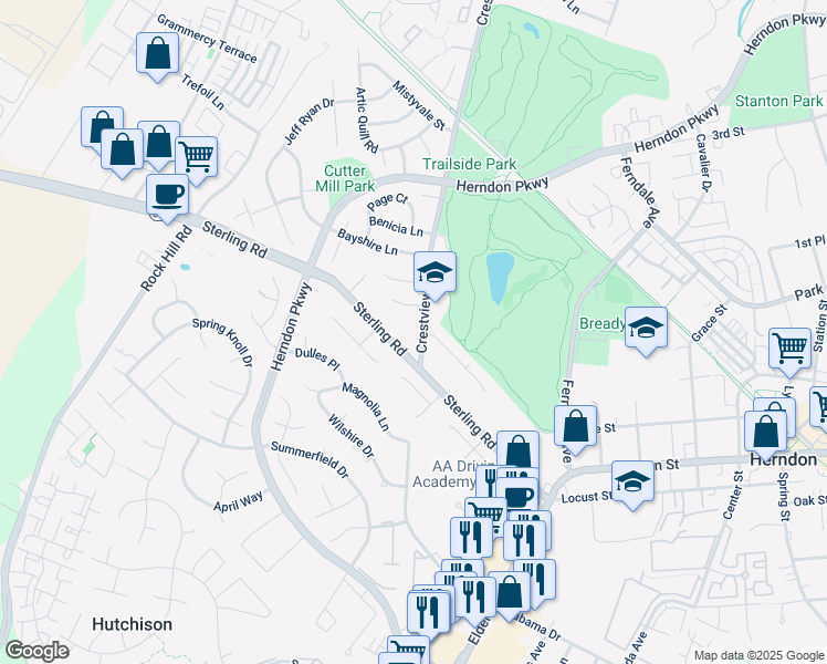map of restaurants, bars, coffee shops, grocery stores, and more near 831 Crestview Drive in Herndon