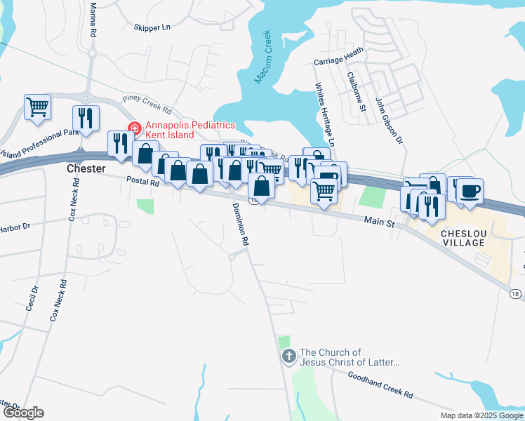 map of restaurants, bars, coffee shops, grocery stores, and more near 1810 Main Street in Chester