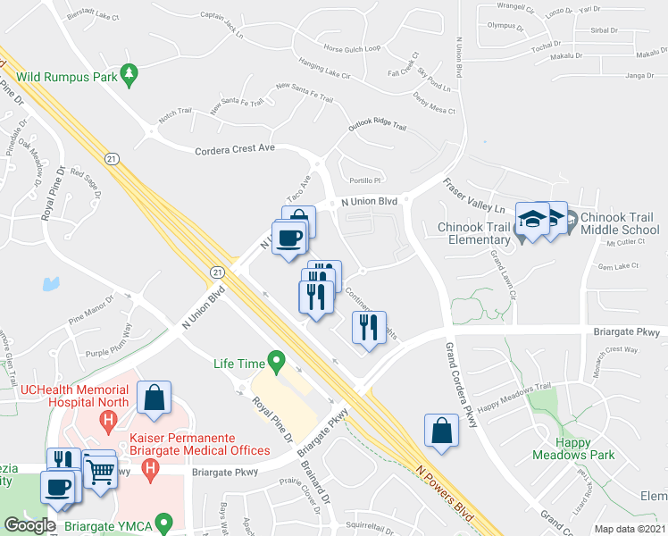 map of restaurants, bars, coffee shops, grocery stores, and more near 9697 Prominent Point in Colorado Springs