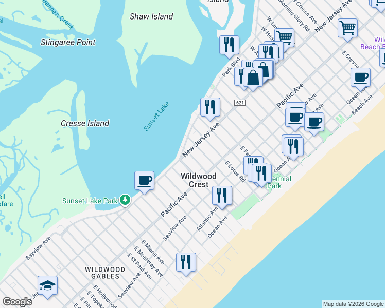 map of restaurants, bars, coffee shops, grocery stores, and more near 113 East Primrose Road in Wildwood Crest